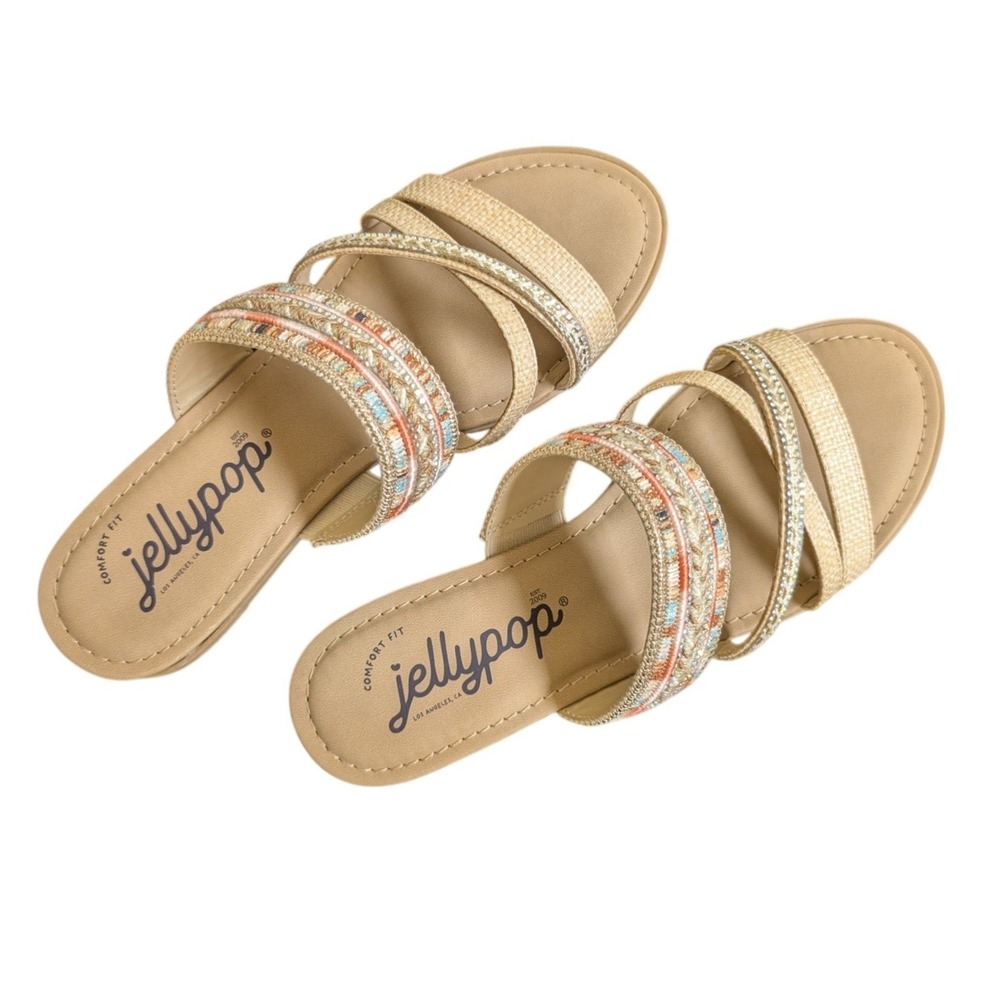 Jellypop Playa Size 9M Beige Multi Strap Embroider Rhinestone Boho Slide Sandals